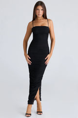black gathered stretch mesh maxi dress
