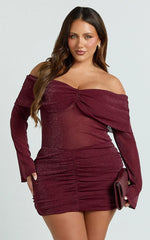 Rumi Mini Dress Glitter Tulle Off Shoulder Ruched Dress in Wine