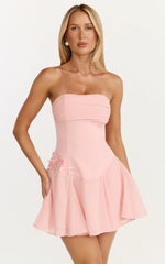 Penny Mini Dress Strapless Corset Bodice Floral Embellished Godet Dress in Soft Pink