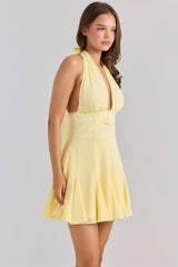 butter yellow georgette halter neck mini dress