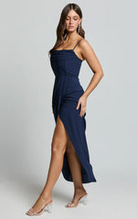 Andrina Midi Dress High Low Wrap Corset Dress in Navy