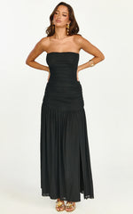 Marguerite Maxi Dress Strapless Ruched Mesh High Leg Split Dress in Black