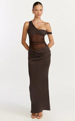 Elias Maxi Dress Twisted One Shoulder Cowl Dropped Waist Dress in Chocolate