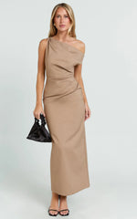 Alexandria Midi Dress Tip Shoulder Draped Fitted Dress in Mocha
