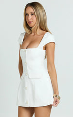 Patsy Mini Dress Boucle Cap Sleeve Button Front Fitted Dress in White