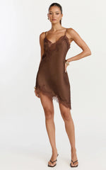 Iris Mini Dress Lace Trim Asymmetrical Camisole Dress in Chocolate