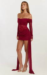 Vesper Mini Dress Contrast Lace Bodice Long Sleeve Dress in Wine