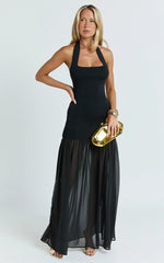 Barbara Maxi Dress Halter Scoop Neck Contrast Georgette Dress in Black