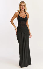 Melville Maxi Dress Lace Bodice Draped Front Halter Dress in Black