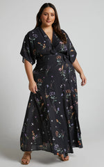Erenza Maxi Dress Extended Sleeve Wrap Dress in Black Flower Field
