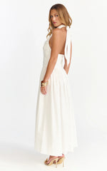 Anya Midi Dress Halter Neck Ruched Drop Waist Dress in White