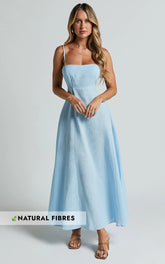 Brette Midi Dress Linen Straight Neck Strappy Fit And Flare Dress in Blue