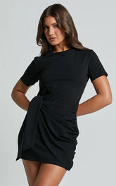 Candace Mini Dress Faux Wrap Shift Dress in Black
