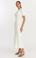 Lanie Midi Dress Knitted Crew Neck Short Sleeve Dress in Cream