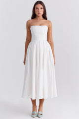 white strapless midi sundress