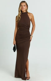 Francis Maxi Dress Halter Ruched Backless Dress in Dark Chocolate