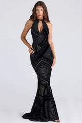 black gold devore velvet maxi gown