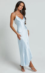 Ylona Maxi Dress Asymmetric Draped Bias Cut Satin Slip Dress in Ice Blue