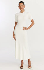 Lanie Midi Dress Knitted Crew Neck Short Sleeve Dress in Cream