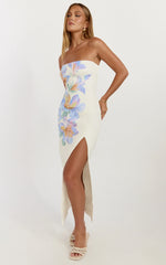 Astra Midi Dress Strapless Split Leg Column Dress in Astra Posey Floral Print