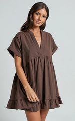 Calissa Mini Dress Frill Hem Smock Dress in Chocolate