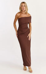 Pearce Maxi Dress Gathered One Sleeve Bodycon Dress in Brown