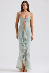 pistachio ruffled front gown