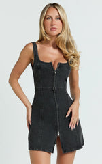 Chrysoula Mini Dress Square Neck Zip Front Sleeveless Bodycon Denim in Washed Black