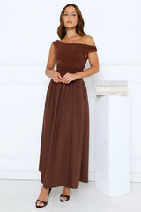 Camellia Charm Off Shoulder Maxi Dress Brown