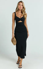 Bianca Midi Dress Twist Front Cut Out Ruched Dress in Black