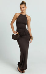 Daniella Maxi Dress Halter Tie Ruched Maxi Dress in Chocolate