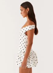Endless Romance Off Shoulder Mini Dress White Polka Dot