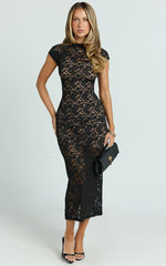 Emma Midi Dress Lace Cap Sleeve Bodycon Dress in Black