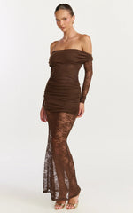 Juliet Maxi Dress Off Shoulder Long Sleeve Ruched Overlay Lace Dress in Choc