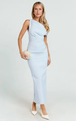 Alexandria Midi Dress Tip Shoulder Draped Fitted Dress in Blue