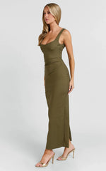 Benita Midi Dress Scoop Neck Ruched Fitted Dress in Olive