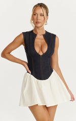 Schiffer Mini Dress Low Cut Notch Neck Contrast Denim Mini Dress in Raw