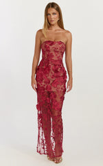 Sienna Maxi Dress 3D Floral Strapless Column Dress in Wine