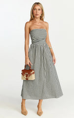 Polly Midi Dress Strapless Ruched Dress in Black Check