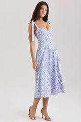 blue floral print stretch cotton midi sundress