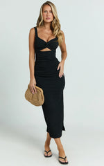 Bianca Midi Dress Twist Front Cut Out Ruched Dress in Black