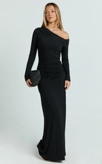 Milly Maxi Dress Asymmetrical Off Shoulder Long Sleeve Side Ruching Maxi Dress in Black