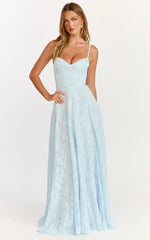 Rachel Maxi Dress Sweetheart Neckline Jacquard Front Split Dress in Ice Blue