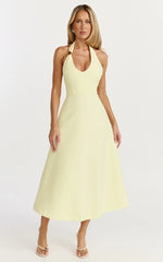Leilani Midi Dress Plunge Neck Hardware Fit and Flare Dress in Lemon
