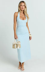 Murray Midi Dress Deep U Halter Neck Dress in Pale Blue