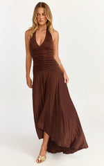 Celeste Maxi Dress Gathered Bodice Dropped Waist Halter Dress in Chocolate