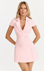 Clementine Mini Dress Cap Sleeve Double Breasted Dress in Light Pink