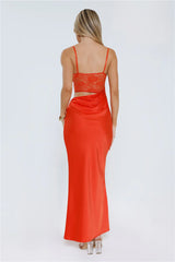 Slow Summer Nights Lace Satin Maxi Dress Tangerine