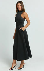 Macy Midi Dress High Neck A Line Dress in Black
