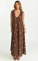 Simone Maxi Dress U Halter Neck Linen Polkadot Dress in Chocolate